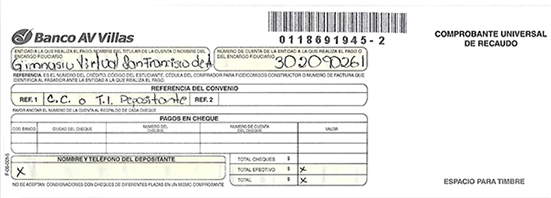 Ejemplo para diligenciar el formato de pago AV Villas del GVSFA