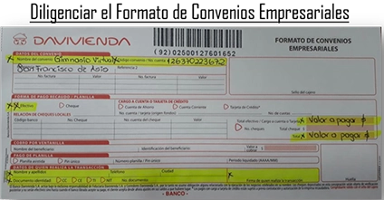 Ejemplo para diligenciar el formato de pago Davivienda del GVSFA